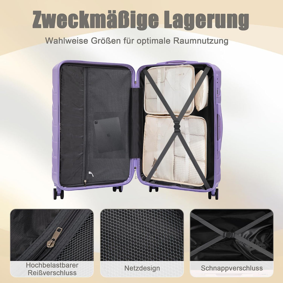 Hartschalen-Koffer Trolley Handgepäck Rollkoffer, Reisekoffer Set mit 4 Rollen, 4er Gepäckset Lila L
