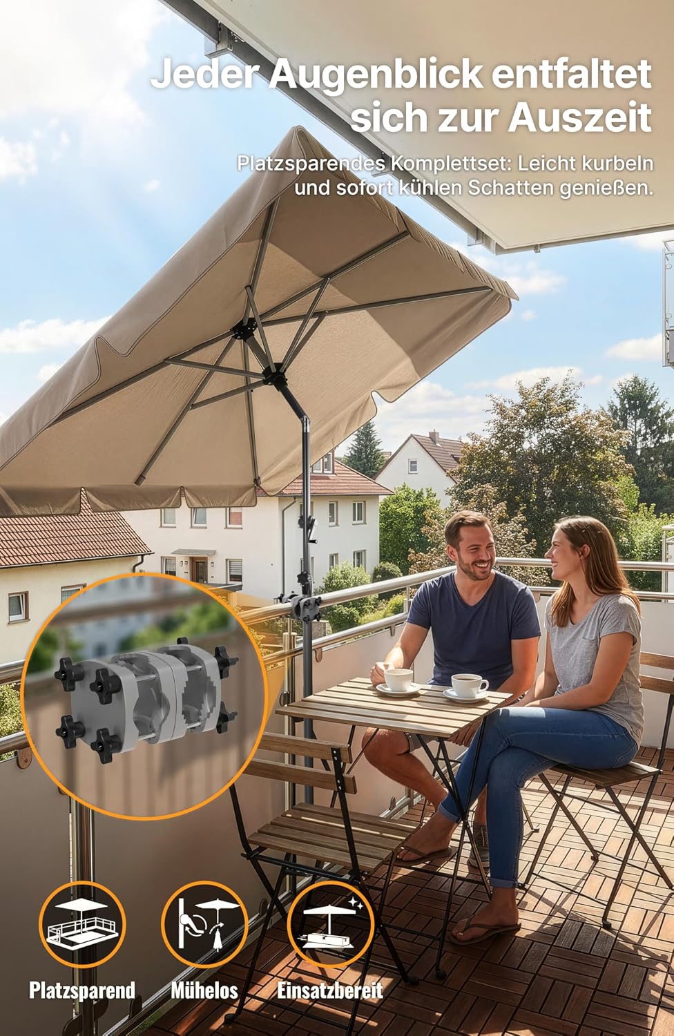 4smile Sonnenschirm Balkon mit Halterung im 3-er-Set, 210x140 cm, UPF 50+, für Balkongeländer, Sonne