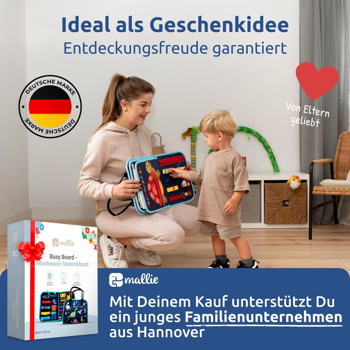 Mallie® Busy Board Deutsch inkl. Gratis Reisetasche & Montessori Buch und Perfekt für Reisen im Auto