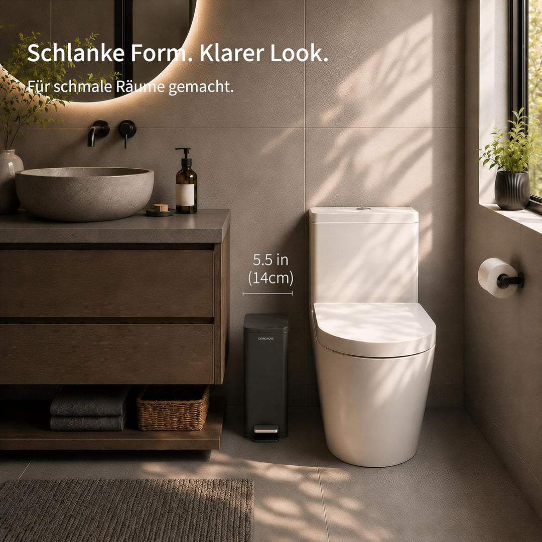EverGrove 10 L Edelstahl-Treteimer, 14 cm breit, fürs Bad, Matte Black | Nur 14 cm breit: mit Absenk