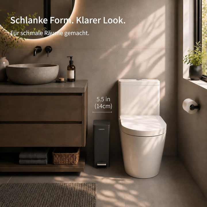 EverGrove 10 L Edelstahl-Treteimer, 14 cm breit, fürs Bad, Matte Black | Nur 14 cm breit: mit Absenk