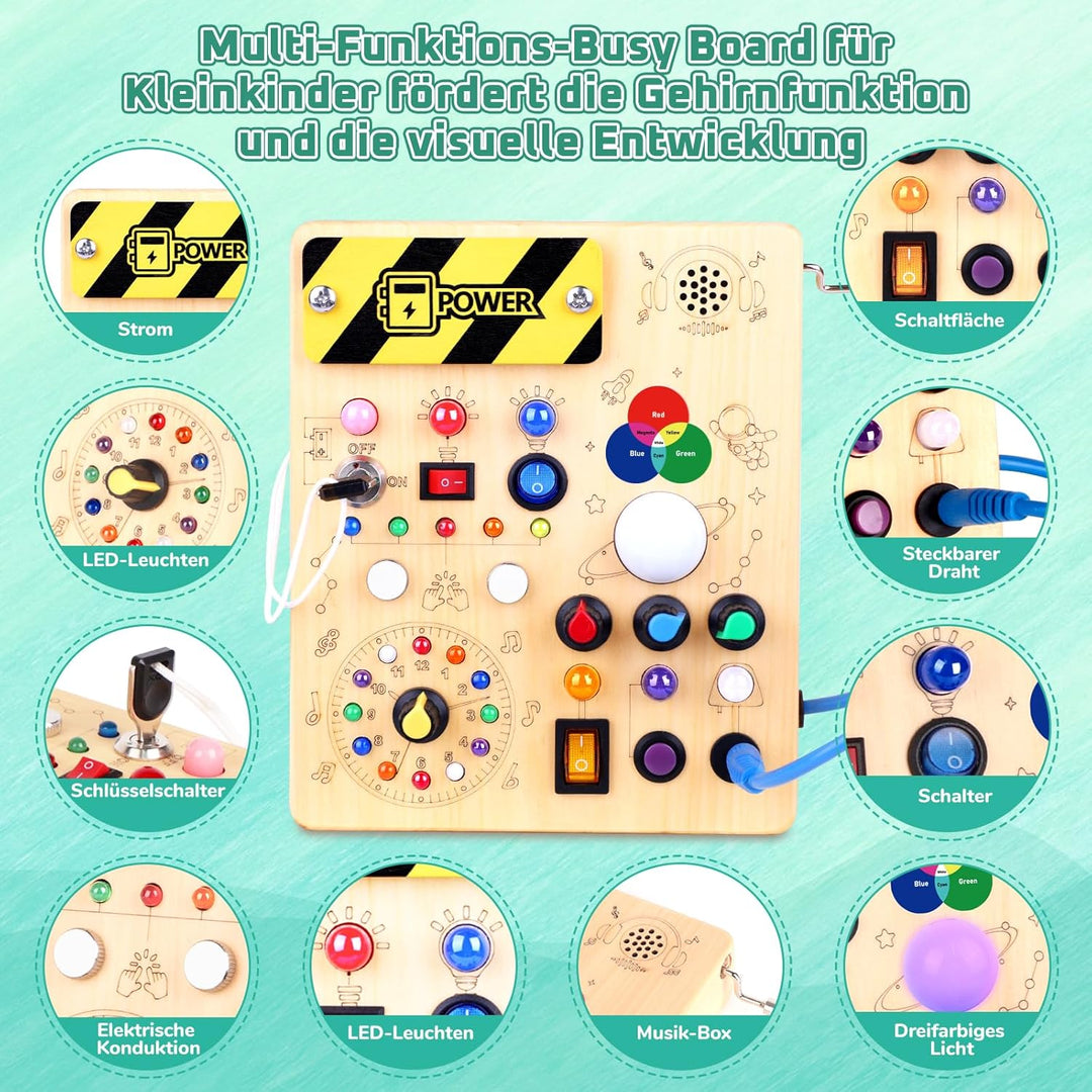 Konijiwa Montessori Busy Board Spielzeug ab 1 Jahr Activity Board Holzspielzeug mit 12 Schalter 24 L