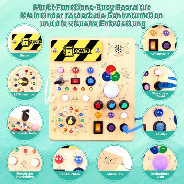 Konijiwa Montessori Busy Board Spielzeug ab 1 Jahr Activity Board Holzspielzeug mit 12 Schalter 24 L