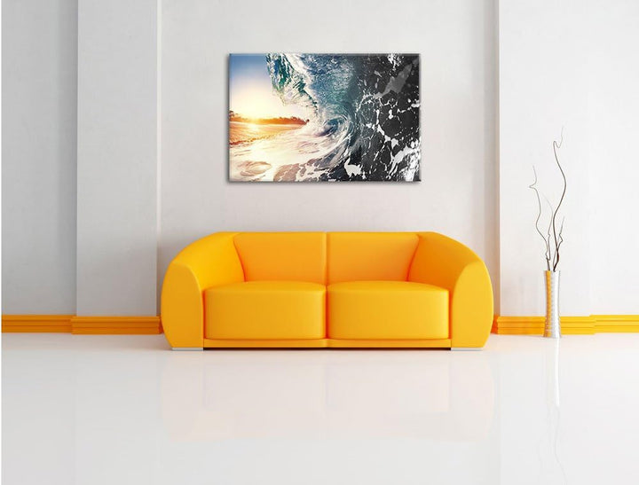 Pixxprint Riesen Welle bei Sonnenaufgang B&W Detail, Format: 100x70 auf Leinwand, 100x70