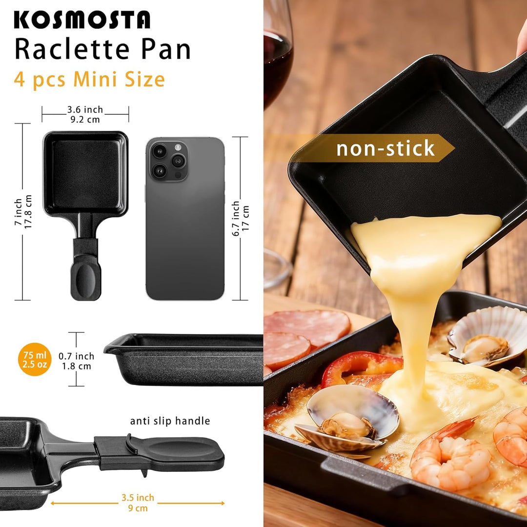 Pfännchen Mini 4 Stücke Antihaftbeschichtet Grill Pfännchen Viereckig Mini Raclette Grill mit 4 Holz