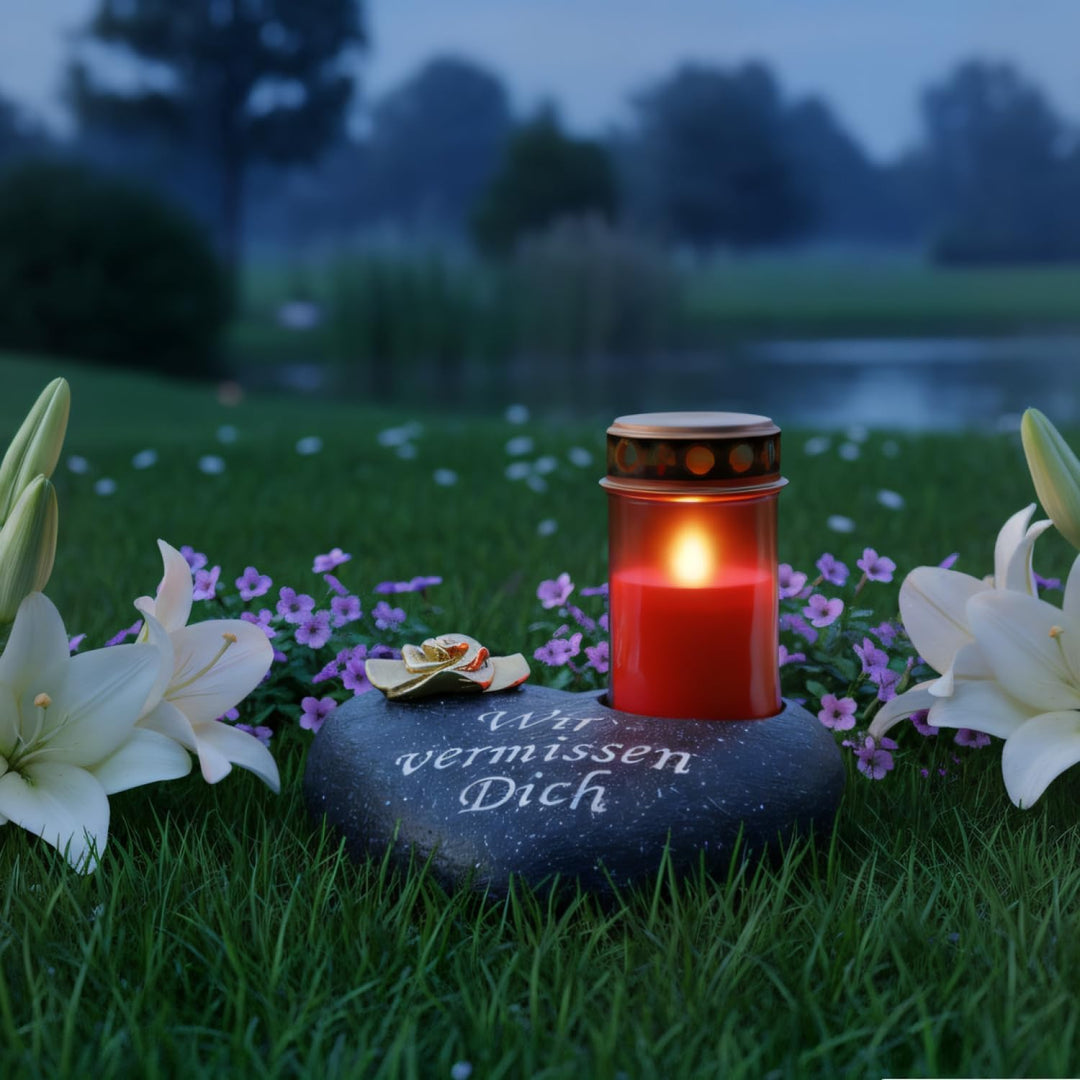 com-four® Grab-Dekoration in Herz-Form mit goldfarbener Rose - Gedenkstein mit Halter für Grabkerze