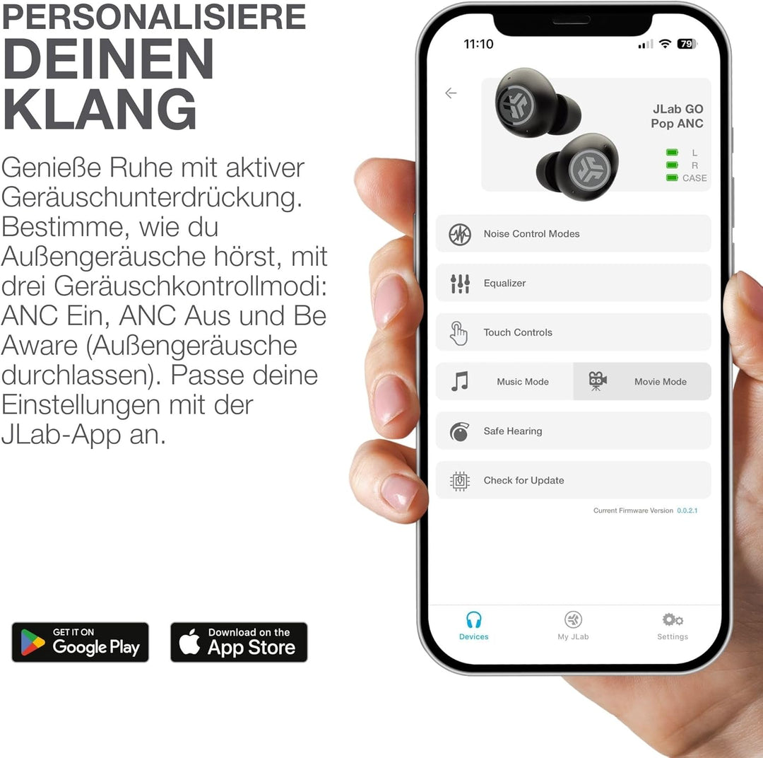 JLab Go Pop ANC In Ear Kopfhörer Bluetooth, Active Noise Cancelling kabellose Kopfhörer 24+ Std. Spi