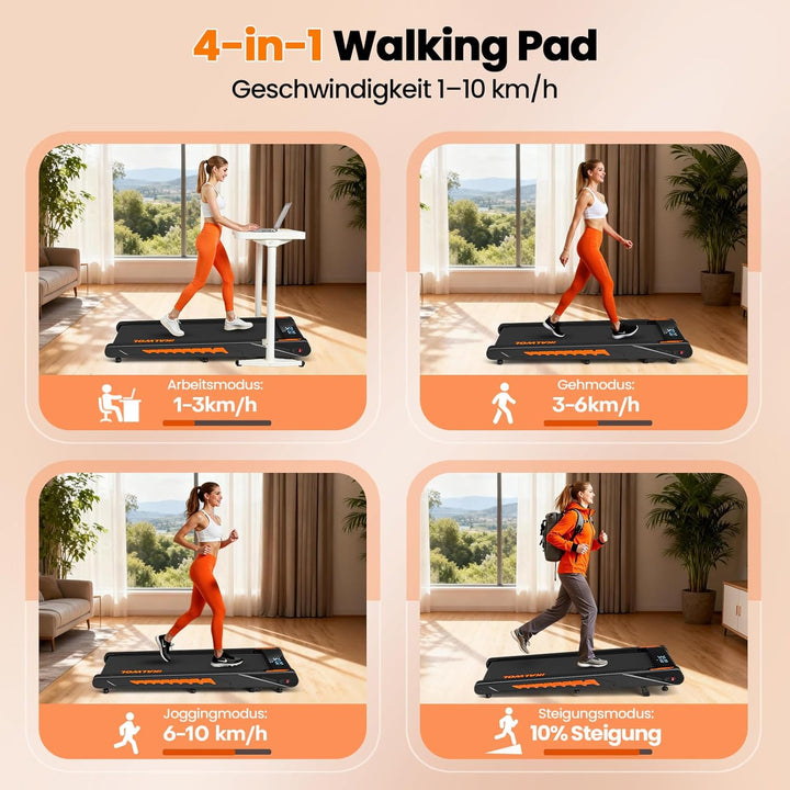 Walking Pad mit Bluetooth Lautsprecher, 4 in 1 10km/h Laufband für Zuhause mit 10% Steigung, 2,75 HP