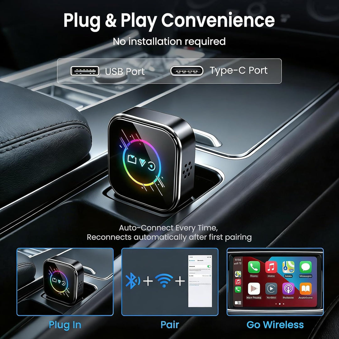 ELECROW Kabelloser CarPlay-Adapter für iPhone & Android – 3-in-1 Dualband-WiFi 2,4G/5G & Bluetooth 4