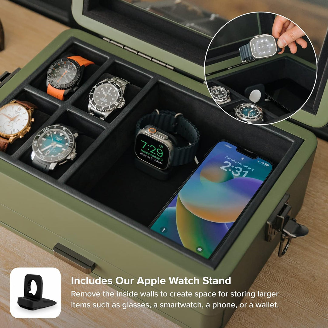 CASE ELEGANCE Militäruhrenbox mit 10 Fächern für Herren, Echtglasplatte, modulares Valet-Tablett, Ap