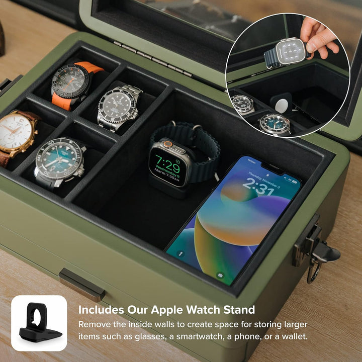 CASE ELEGANCE Militäruhrenbox mit 10 Fächern für Herren, Echtglasplatte, modulares Valet-Tablett, Ap