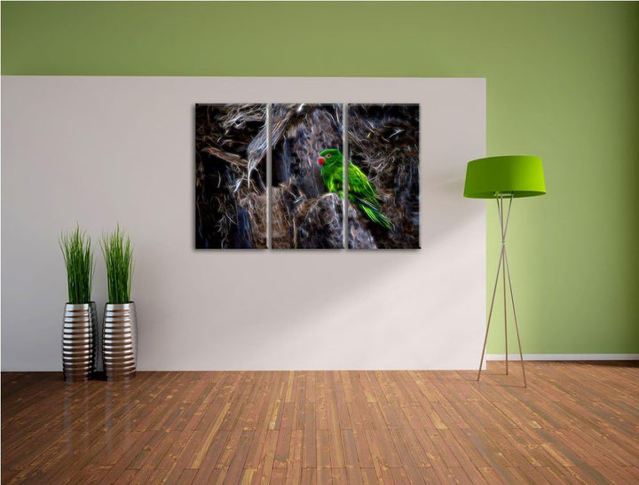 Dark grüner Papagei im Gehölz NewArt 3-Teiler Leinwandbild 120x80 Bild auf Leinwand, XXL riesige Bil