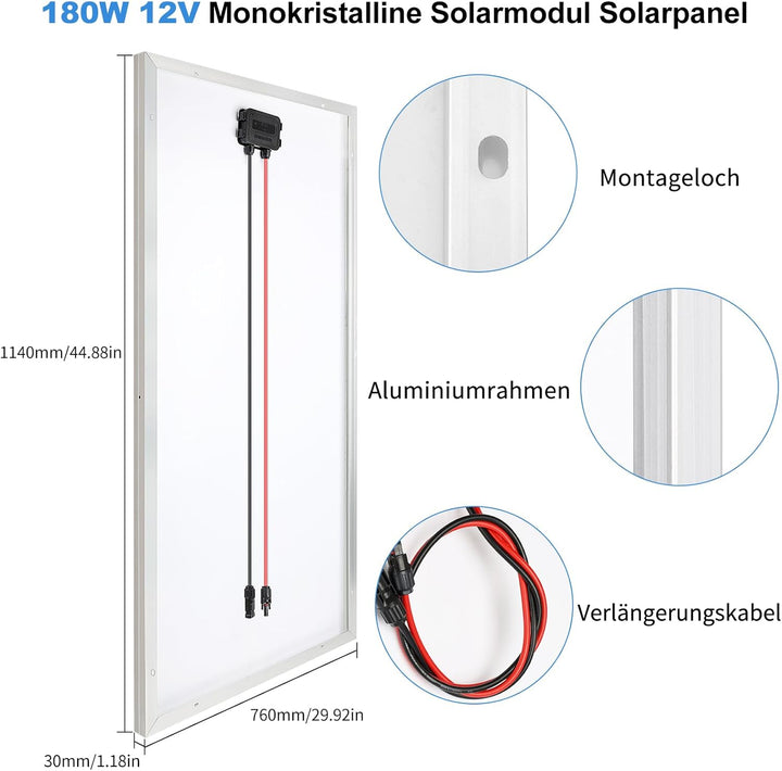 180W Solarpanel 12V Monokristallines Solarpanel Solarzelle Kit : 180 Watt Solarmodul mit 20A Bluetoo