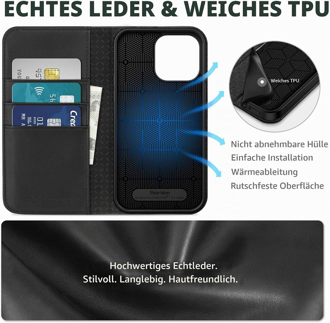 SHIELDON Hülle für iPhone 14 Pro Max Handyhülle TPU [Echtleder] [Kartenfach] [Magnet] Standfunktion