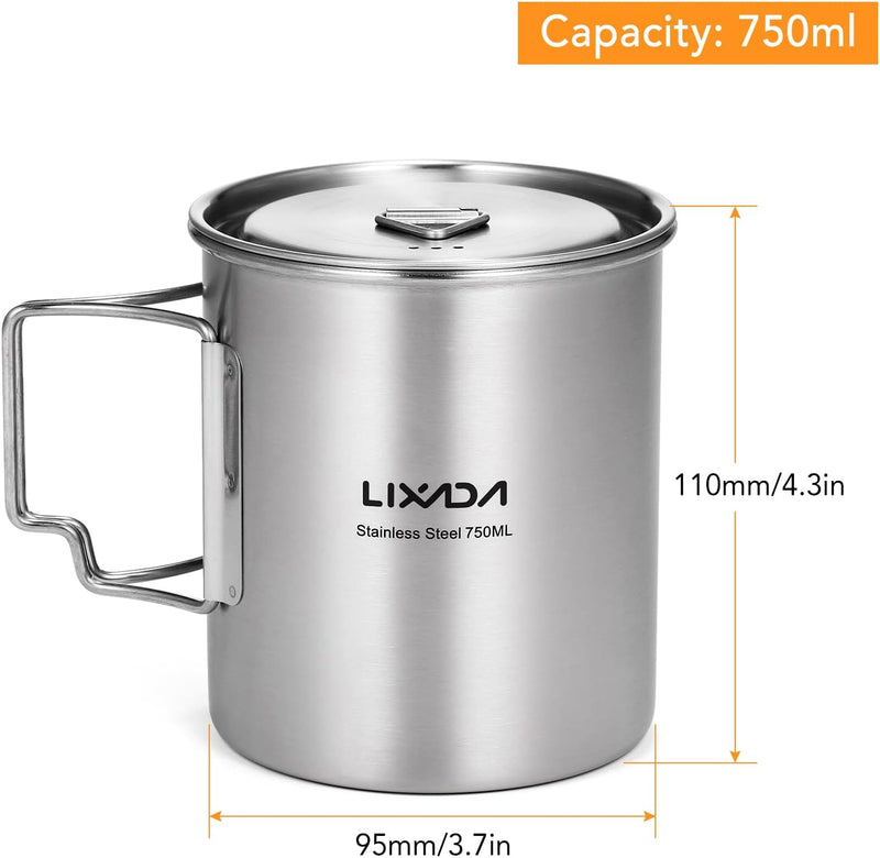 Lixada Camping Topf Edelstahl Titan Tasse Becher 750ml mit Faltbaren Griffe und Deckel Outdoor Kocht