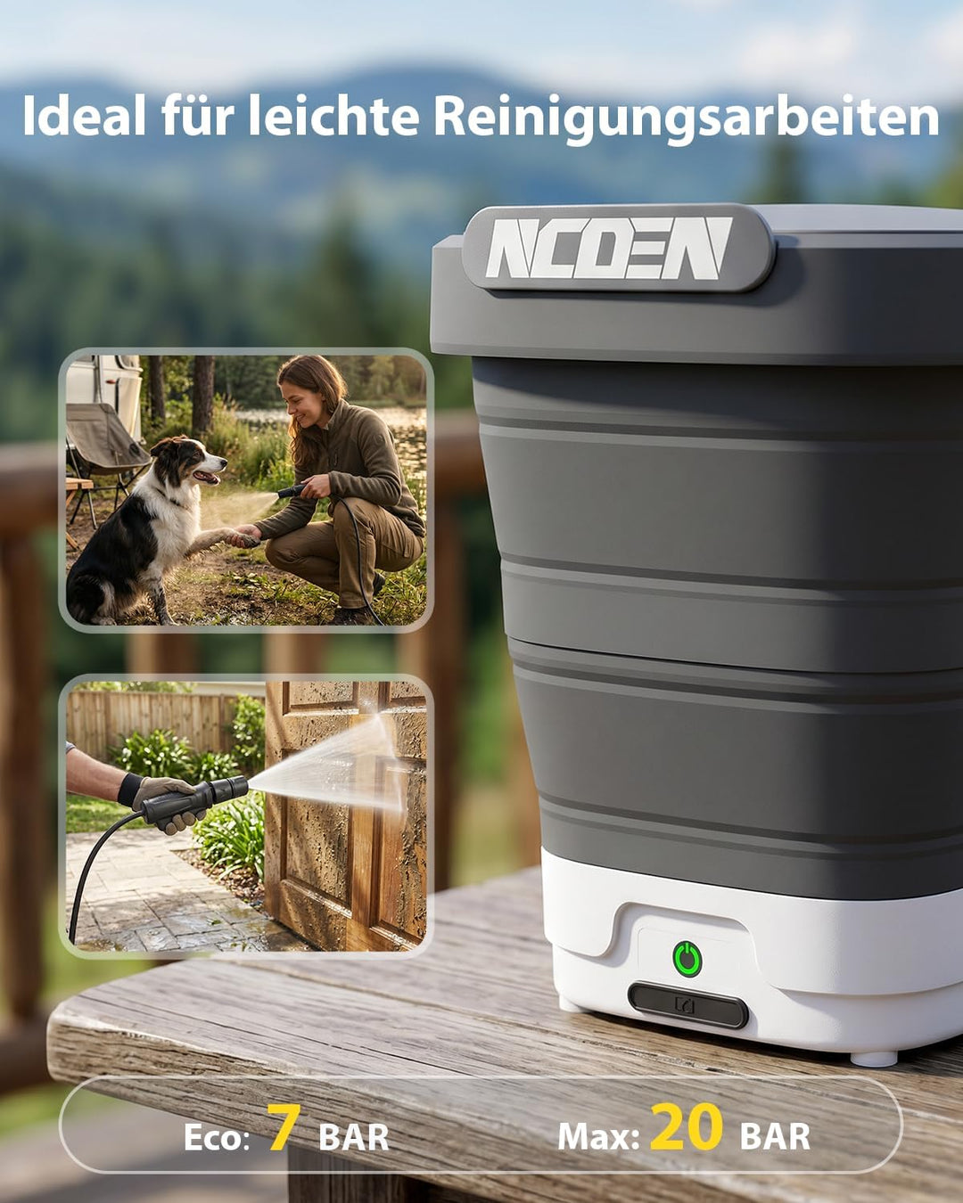 Tragbarer Hochdruckreiniger mit Wassertank 12L Kabellos, 4-in-1 Düsen, 2m Schlauch sowie Langer Akku