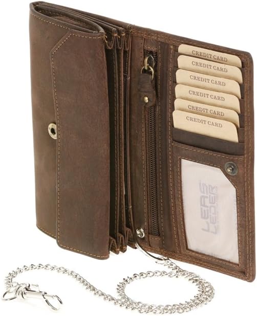 LEAS Bikerbörse Langbörse mit Chrom-Kette im Vintage-Stil MCL in Echt-Leder, braun Chain-Series