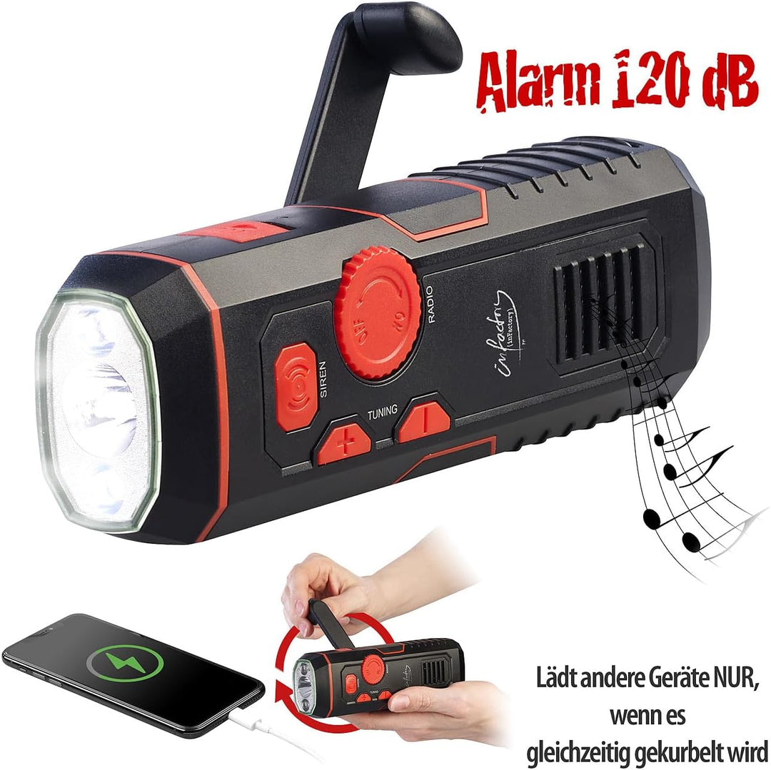 infactory Radio mit Kurbel: Dynamo-FM-Radio und Taschenlampe mit 120-dB-Sirene, USB-Ladefunktion (So