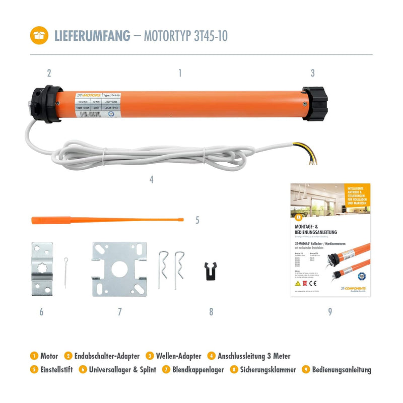 3T-MOTORS Rollladenmotor 3T45-10 (Zugkraft 10 Nm/25 kg) für 60 mm 8kant Rollladenwelle (SW60), mit m