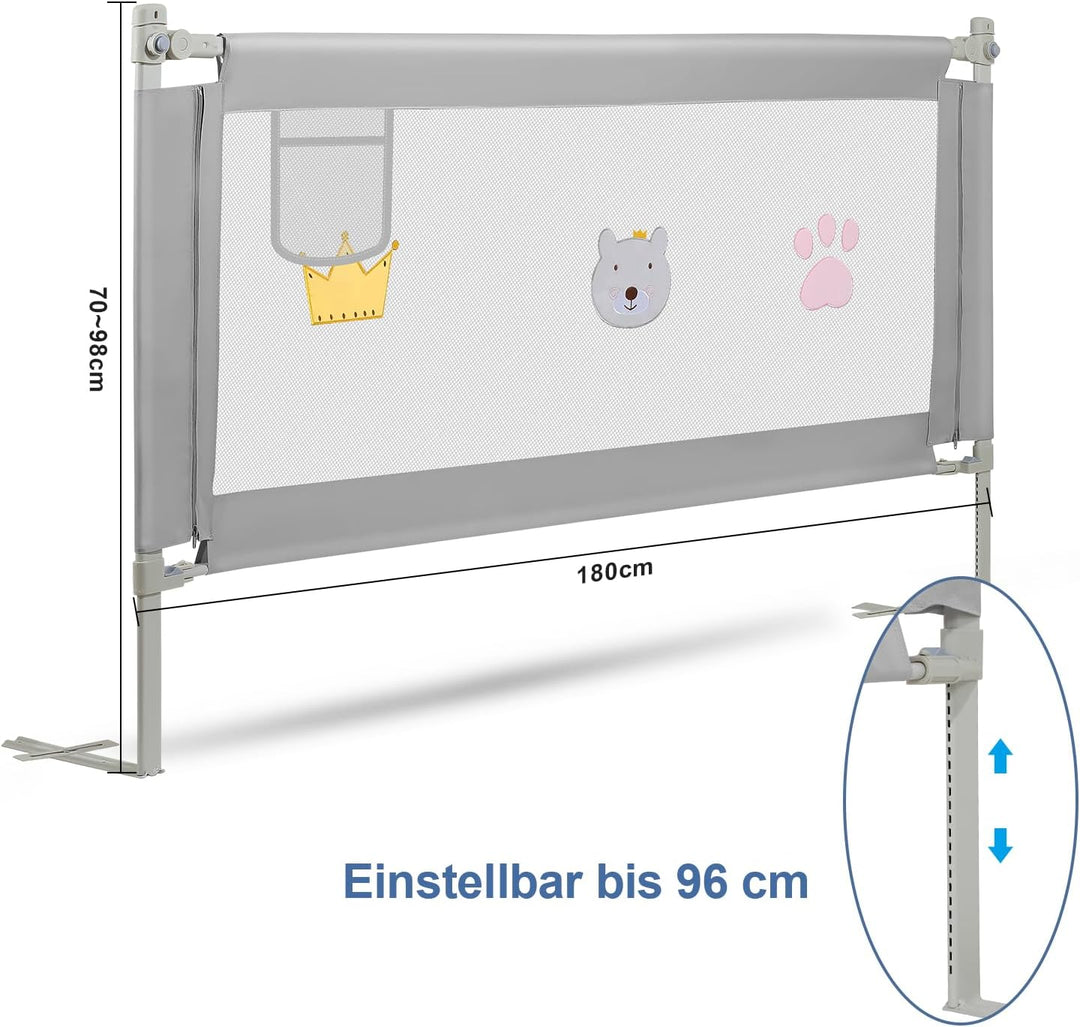 Eulenke 180cm Bettgitter, Bettschutzgitter für Kinderbett, Höhenverstellbar von 70-98cm, Rausfallsch