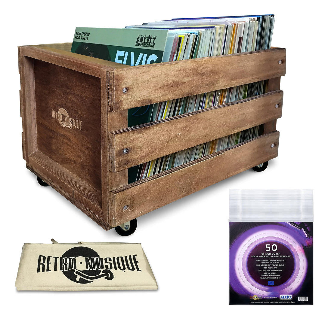 Retro Musique Aufbewahrungsbox aus Holz für bis zu 100 Alben (in PVC-Hüllen) mit Sackleinen-Stoffbez