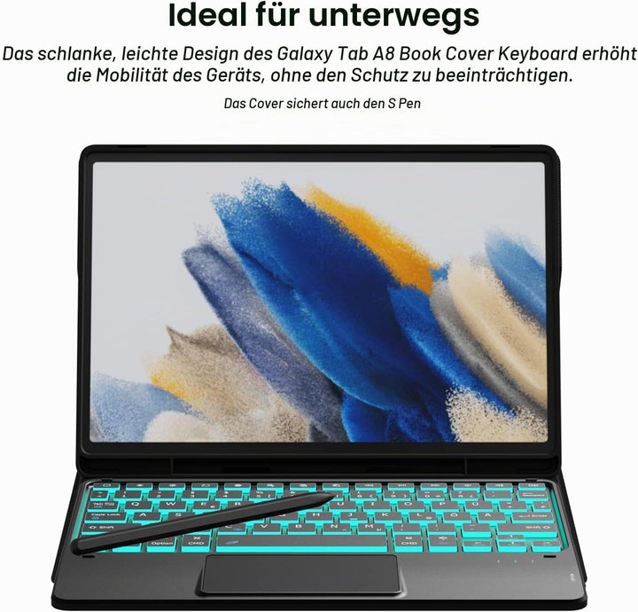 ROOFEI Galaxy Tab A8 Hülle mit Tastatur, 7-Farbige Beleuchtung Tastatur mit Trackpad - QWERTZ Deutsc