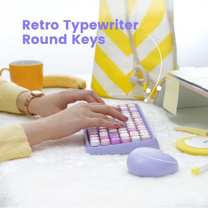 Perixx PERIDUO-713PP Wireless Mini Keyboard and Mouse Combo - Retro Round Key Caps - Pastel Purple -