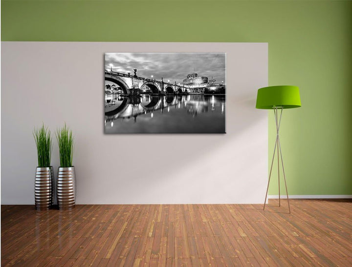 Pixxprint Nachtansicht von S. Angelo-Brücke Kunst B&W, Format: 100x70 auf Leinwand, XXL riesige Bild