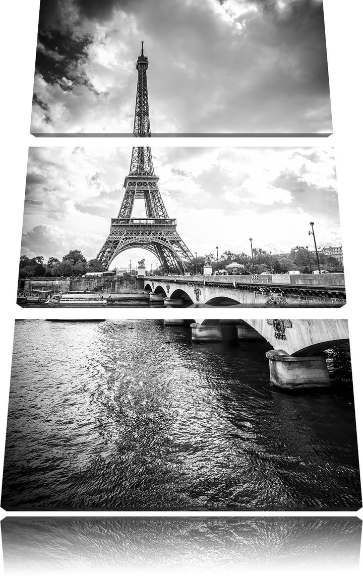 Pixxprint Eiffelturm in Paris Kunst B&W / 3-Teilig/Gesamtmass 120cm Leinwandbild bespannt auf Holzra