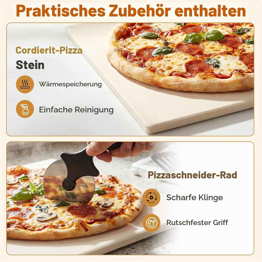 FANTASK Elektrischer Pizzaofen bis 400℃, 6 Programme, 2-Minuten Backfunktion, Pizzastein &amp; Schneider