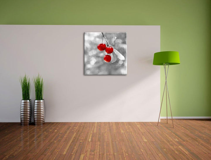 Pixxprint glänzende Kirschen am Zweig als Leinwandbild/Grösse: 70x70 cm/Wandbild/Kunstdruck/fertig b