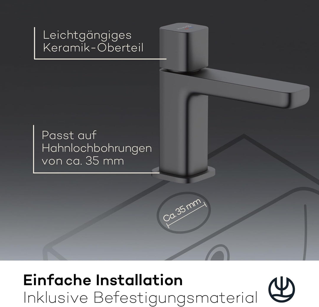 KLUDI-X3 Waschtischarmatur Kaltwasser, Auslaufhöhe 80 mm, wassersparender Wasserhahn Bad Schwarz Mat