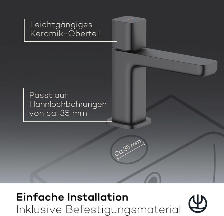 KLUDI-X3 Waschtischarmatur Kaltwasser, Auslaufhöhe 80 mm, wassersparender Wasserhahn Bad Schwarz Mat