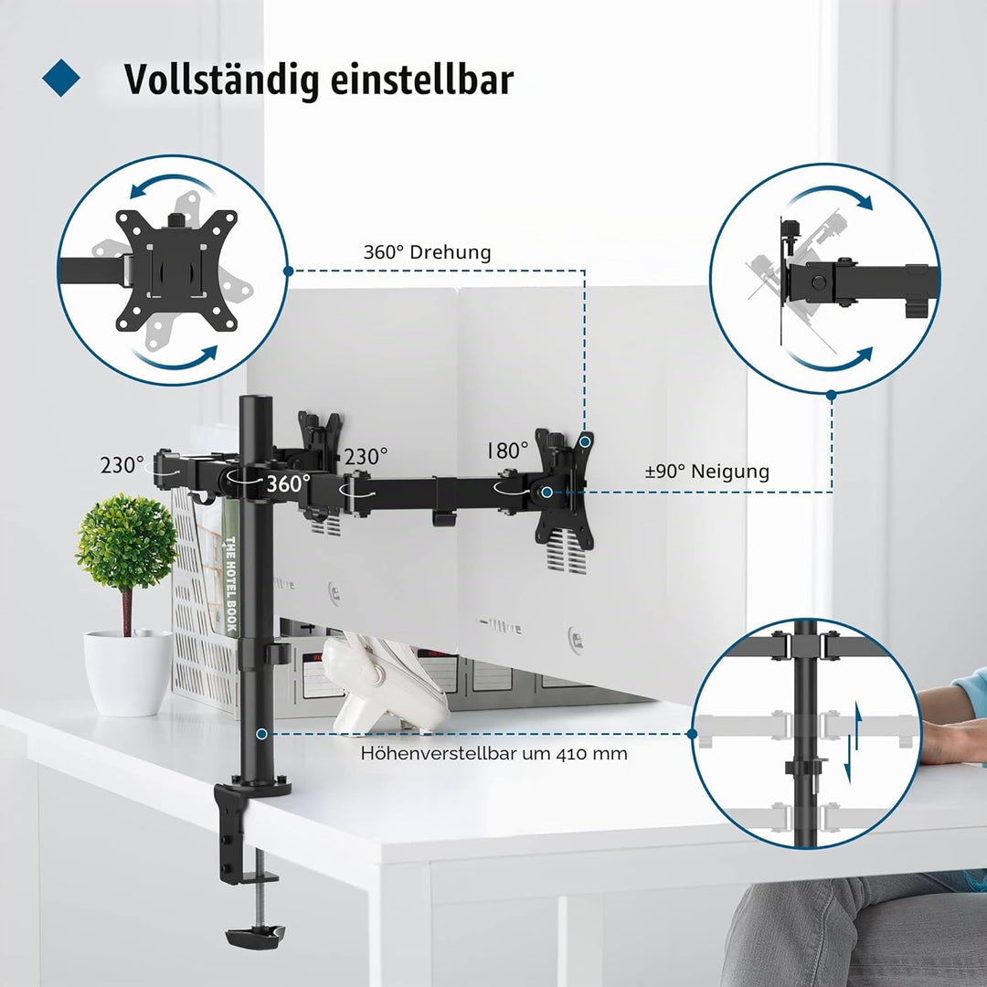 BONTEC PC-Monitorhalterung für 2 Monitore von 13 – 32 Zoll, PC-Monitorarm höhenverstellbar, drehbar