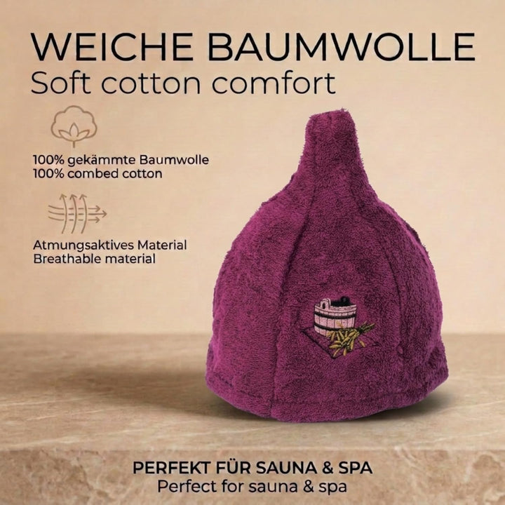 Ger3as 7 Farben Saunahut Damen und Herren 100% Baumwolle mit Stickerei, Wellness Mütze Premium Quali