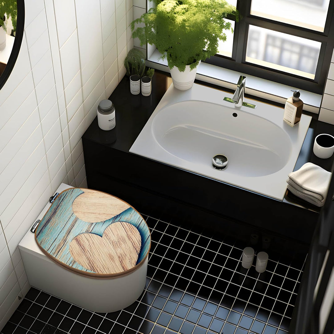 banjado® Design WC Sitz Bambus Absenkautomatik mit Motiv Holz Herzen/Toilettendeckel mit Absenkautom