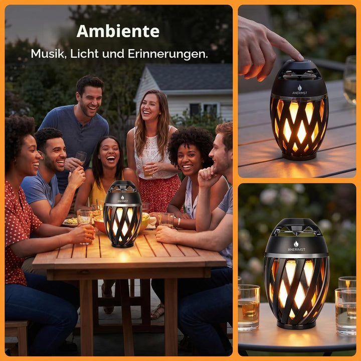 ANERIMST Taschenlampe Bluetooth Lautsprecher mit Stangen/Haken, flackernder Flammeneffekt, Outdoor/I