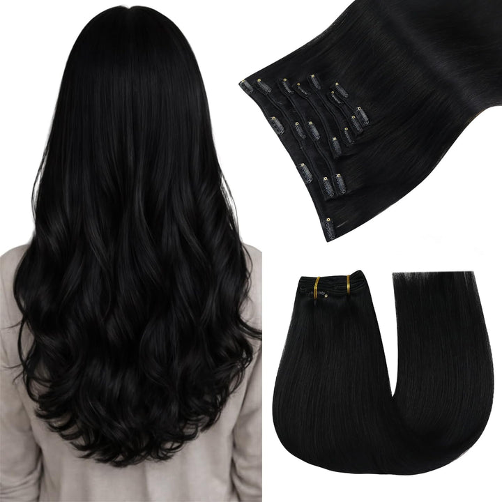 Easyouth Schwarz Clip in Extensions Echthaar Clip Extensions Farbe Pechschwarz Echthaar Clip in Exte