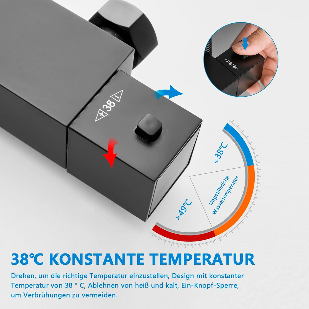 KOMIRO Duschsystem mit Thermostat, Regendusche mit armatur, Duscharmatur Schwarz, Duschgarnitur Kopf