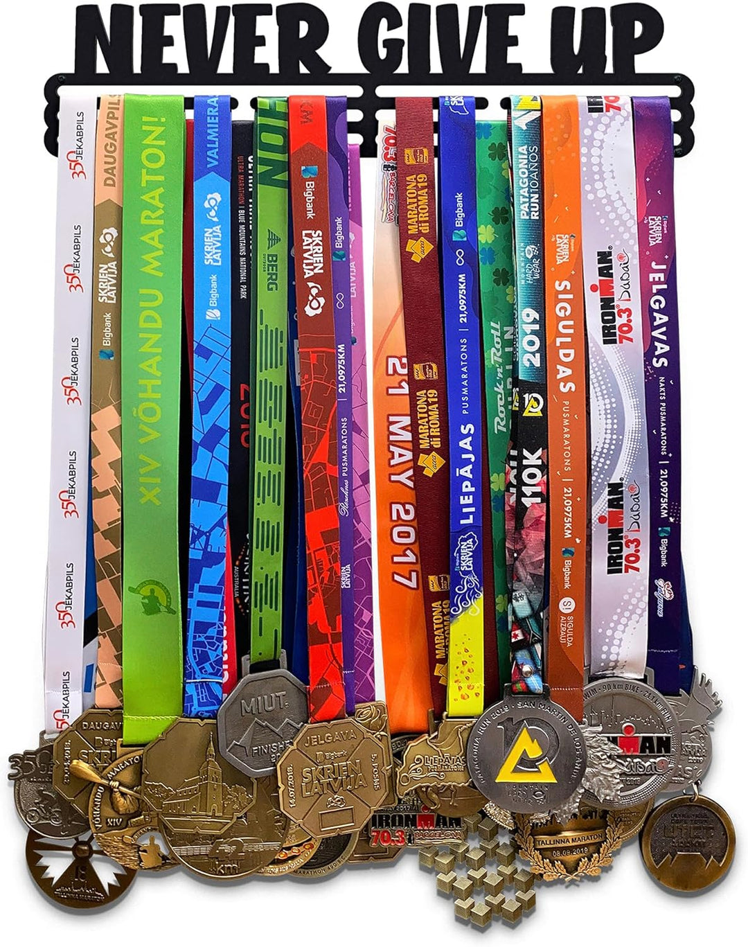 United Medals Never GIVE UP Medaillenhalter Stahl Schwarz | Medaillen Aufhänger | Medal Hanger Holde