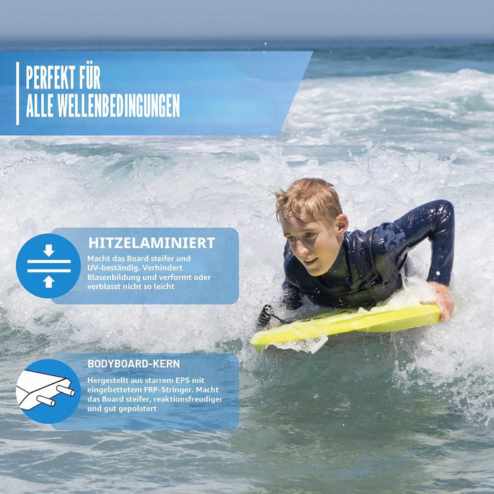 Body Boards for Beach Lightweight Durable Body Board with EPS Core Dual Channel Double Swivel Coiled