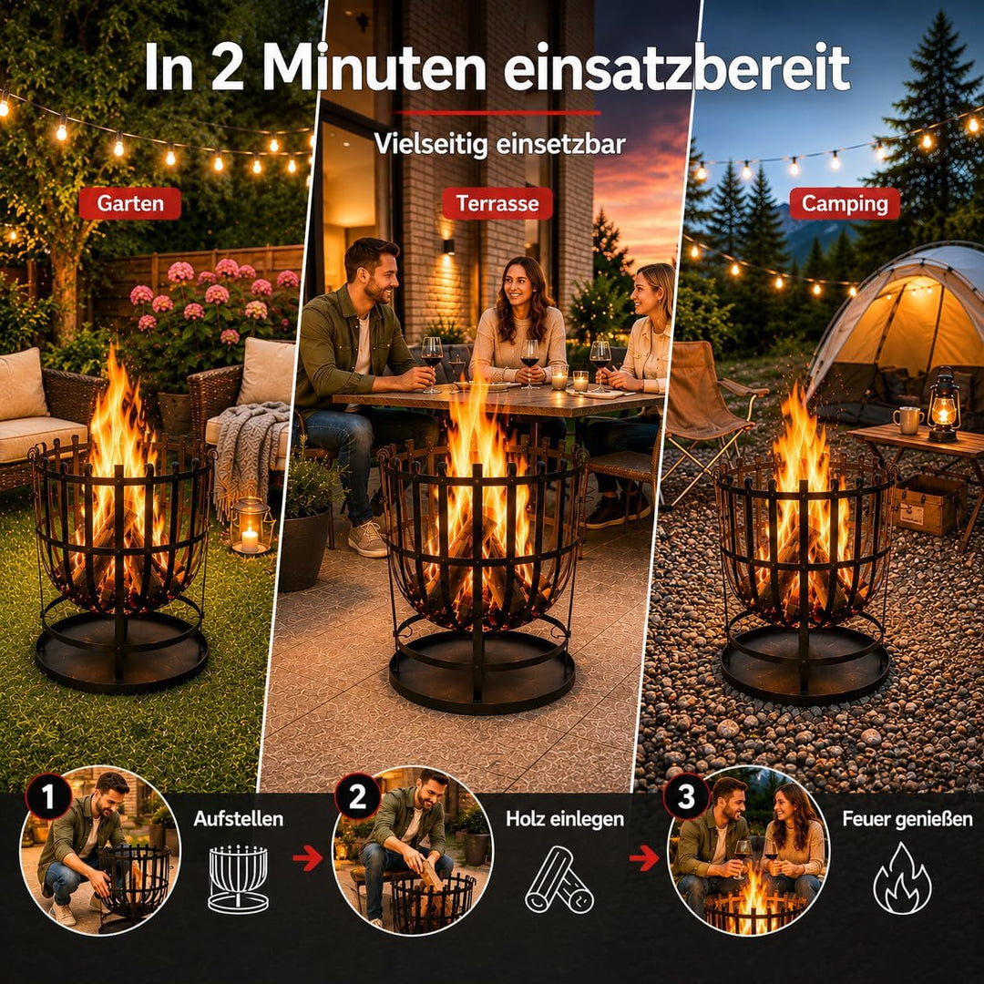 Robuster Feuerkorb Feuerstelle Eisen 55x40 cm Feuerschale mit Bodenplatte Ideal für Lagerfeuer, Gart