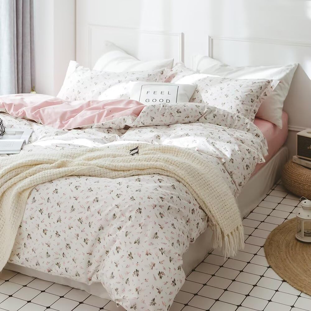 VCLIFE Queen-Bettwäsche-Set aus Baumwolle, Rosa/Weiss, Blumenmuster, Bettbezüge mit Reissverschluss,