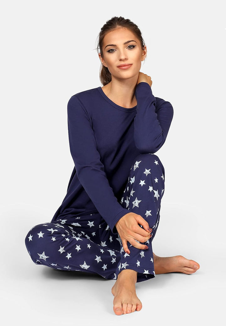 Bellivalini Damen Schlafanzug lang Pyjama Langarm Lange Hose Muster Sterne BLV50-167 S Marineblau Ma