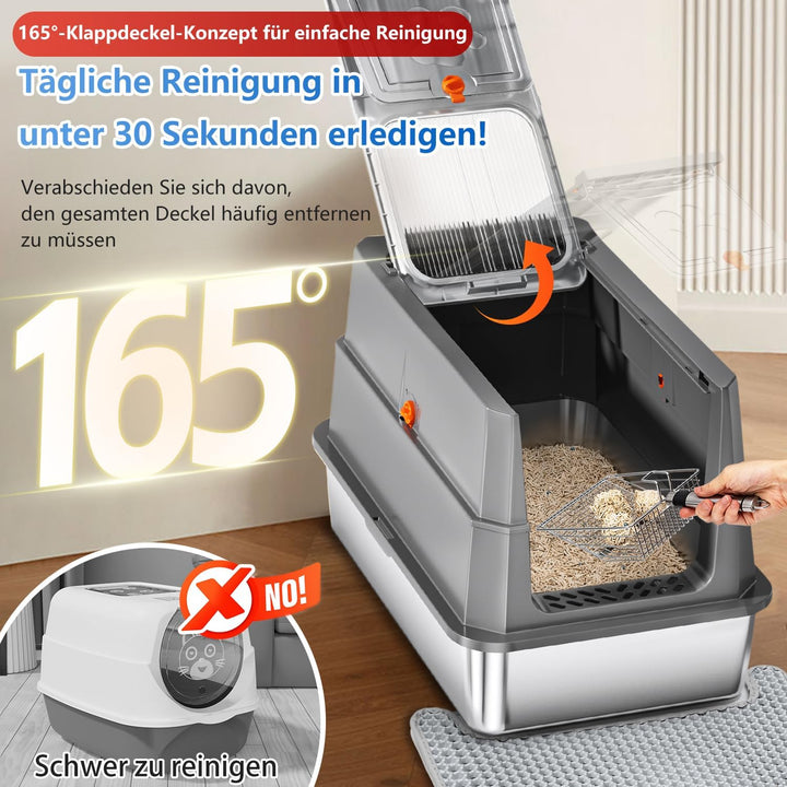 Edelstahl Katzenklo mit Deckel, 155° Klappdeckel XL Katzentoilette, Geschlossene Metall-Klobox inkl.