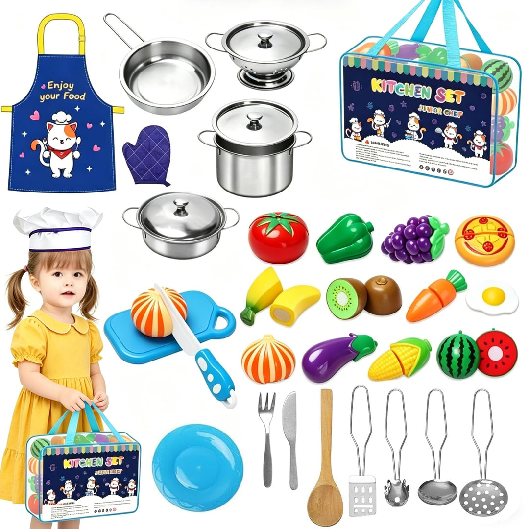 Kinderküche Zubehör 32 Stück Kinderküche Spielküche Zubehör,Lebensmittel Edelstahl Kochset Kinderspi