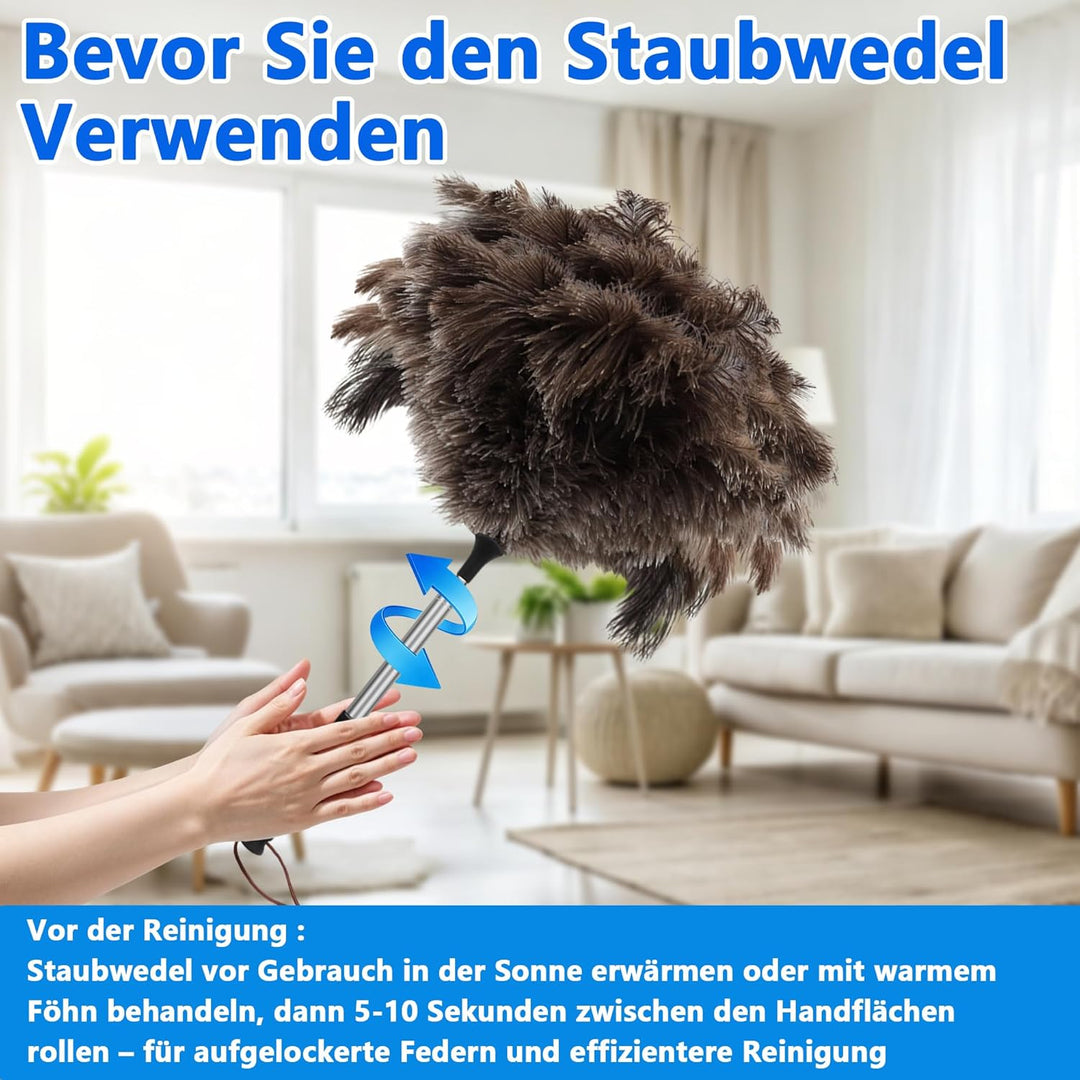 Staubwedel Straussenfedern mit 120 cm Teleskopstiel – Staubwedel lang ausziehbar, antistatisch & kra