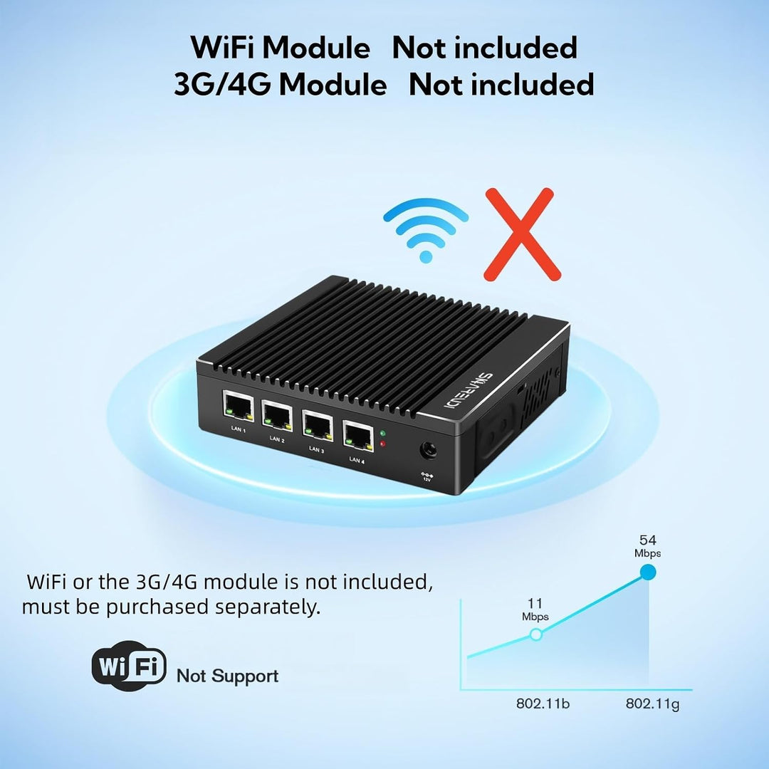 Sharevdi Lüfterloser Firewall Micro Appliance,Intel N3700 4 Cores/4 Threads, 4 Intel 2.5 GbE i225 Gi