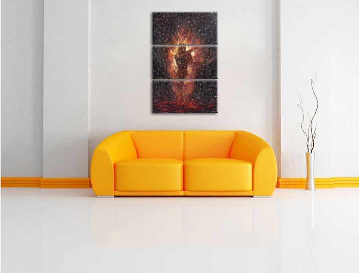 Pixxprint Verdunkelter Dämon des Feuers Kunst Buntstift Effekt 3-Teiler Leinwandbild 120x80 Bild auf