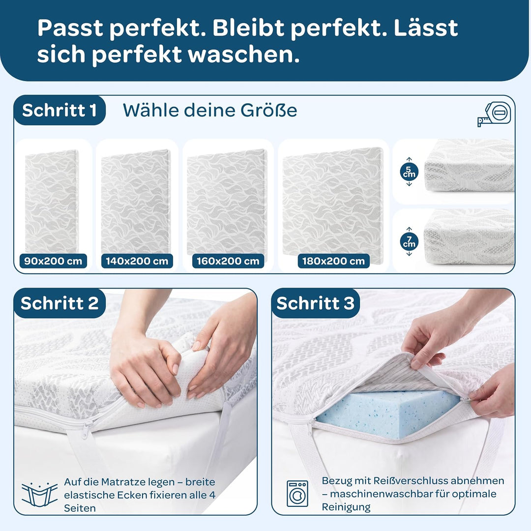DOLCISOGNI Gel Memory Topper 140x200cm | H2/H3 Matratzentopper kühlend mit Silver Yarn Bezug | Antib